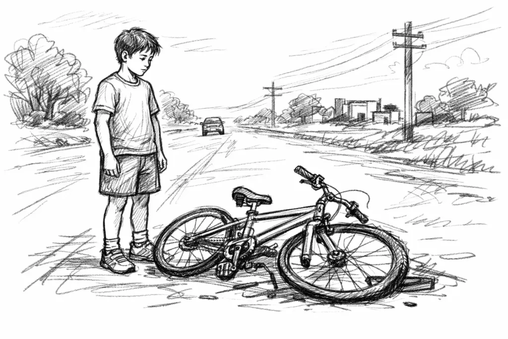 boy standing near a broken bicycle on road.