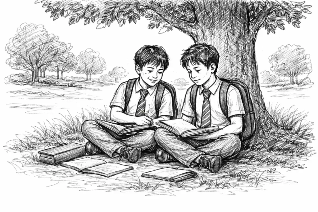 Two students studying under a tree.
