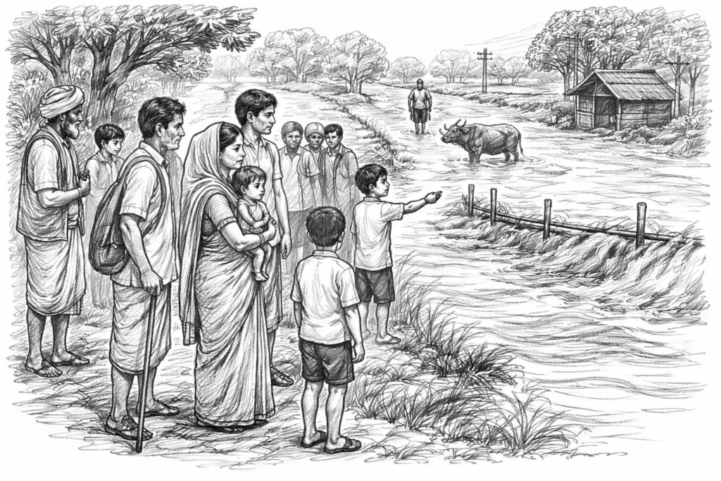 Villagers near a flooded road.